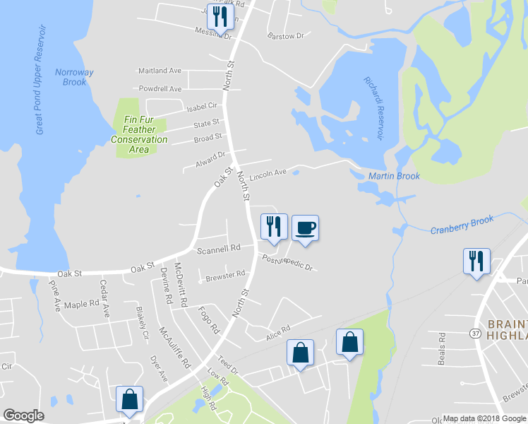 map of restaurants, bars, coffee shops, grocery stores, and more near 691 North Street in Randolph
