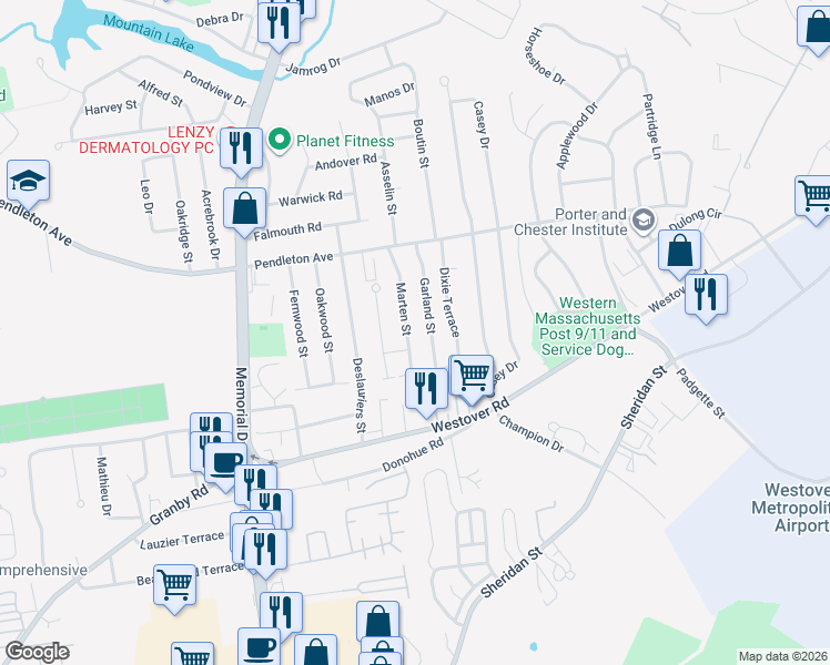 map of restaurants, bars, coffee shops, grocery stores, and more near 86 Marten Street in Chicopee