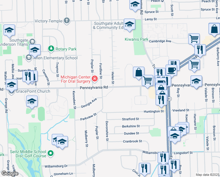 map of restaurants, bars, coffee shops, grocery stores, and more near 14415 Pennsylvania Road in Riverview