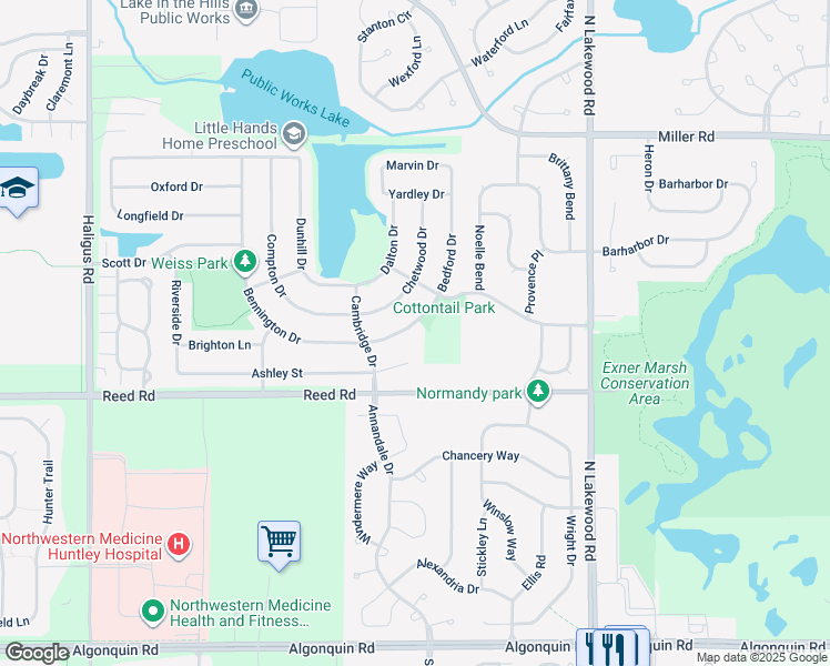map of restaurants, bars, coffee shops, grocery stores, and more near 9924 Bedford Drive in Huntley