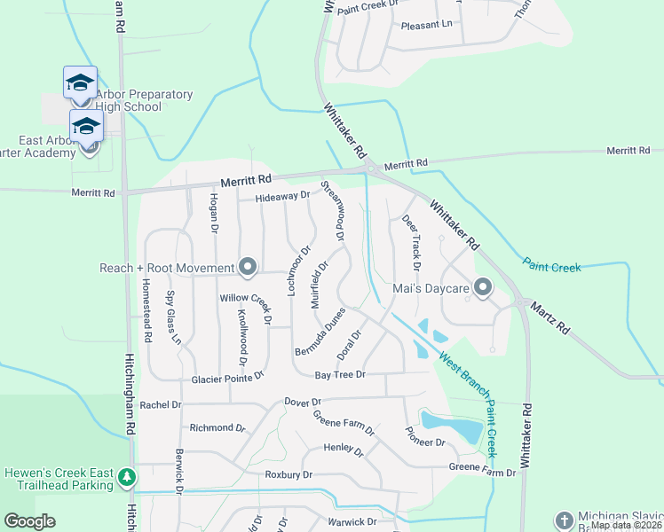 map of restaurants, bars, coffee shops, grocery stores, and more near 7276 Streamwood Drive in Ypsilanti