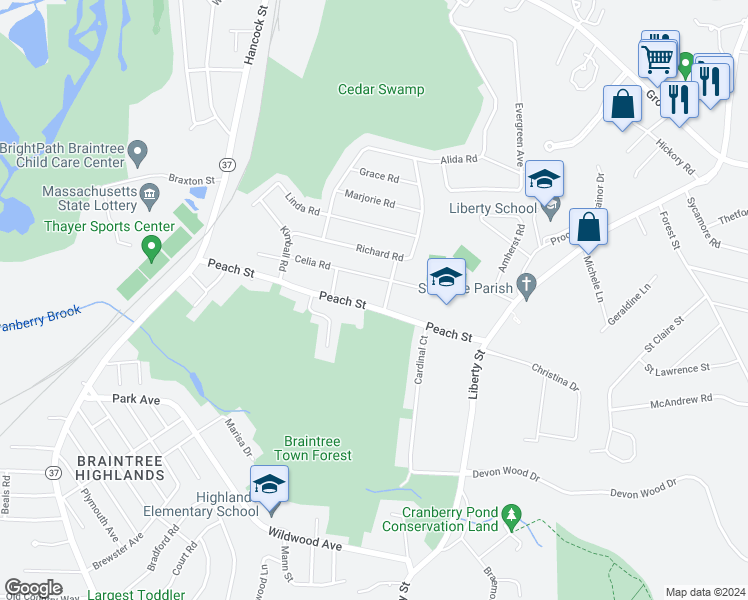 map of restaurants, bars, coffee shops, grocery stores, and more near 166 Peach Street in Braintree