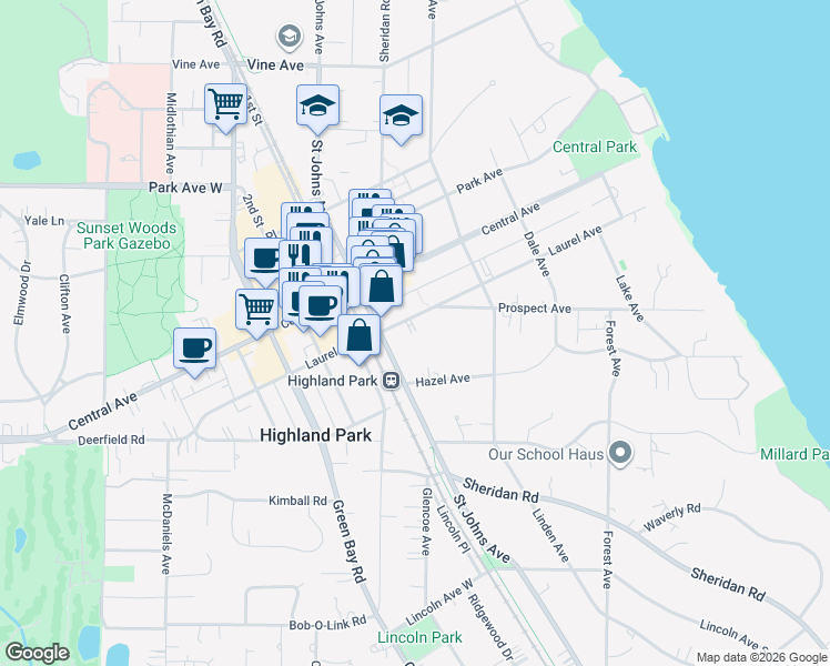 map of restaurants, bars, coffee shops, grocery stores, and more near 484 Laurel Avenue in Highland Park