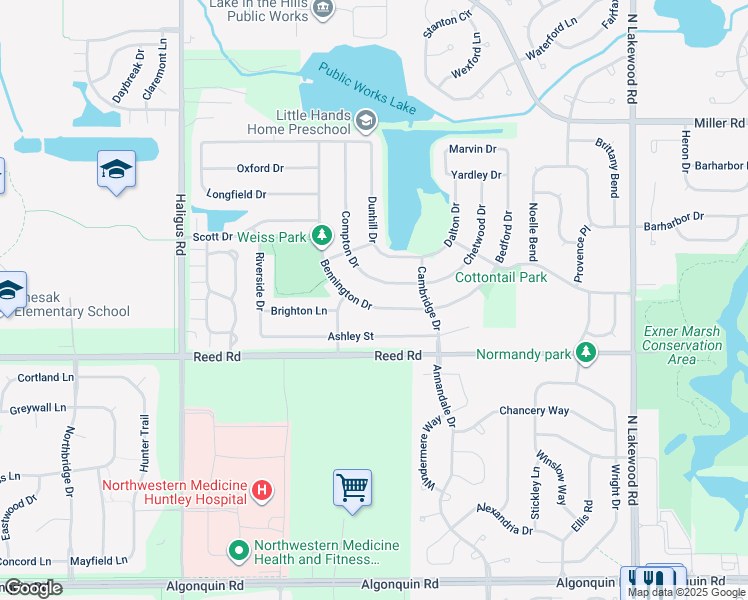 map of restaurants, bars, coffee shops, grocery stores, and more near 10156 Bennington Drive in Huntley