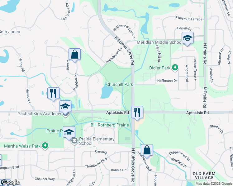 map of restaurants, bars, coffee shops, grocery stores, and more near 563 Coventry Lane in Buffalo Grove