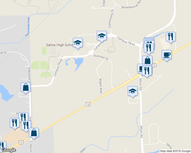 map of restaurants, bars, coffee shops, grocery stores, and more near 7082 Wapiti Way in Saline