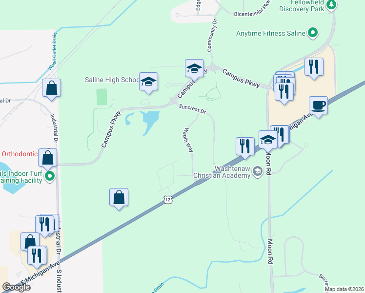 map of restaurants, bars, coffee shops, grocery stores, and more near 7082 Wapiti Way in Saline