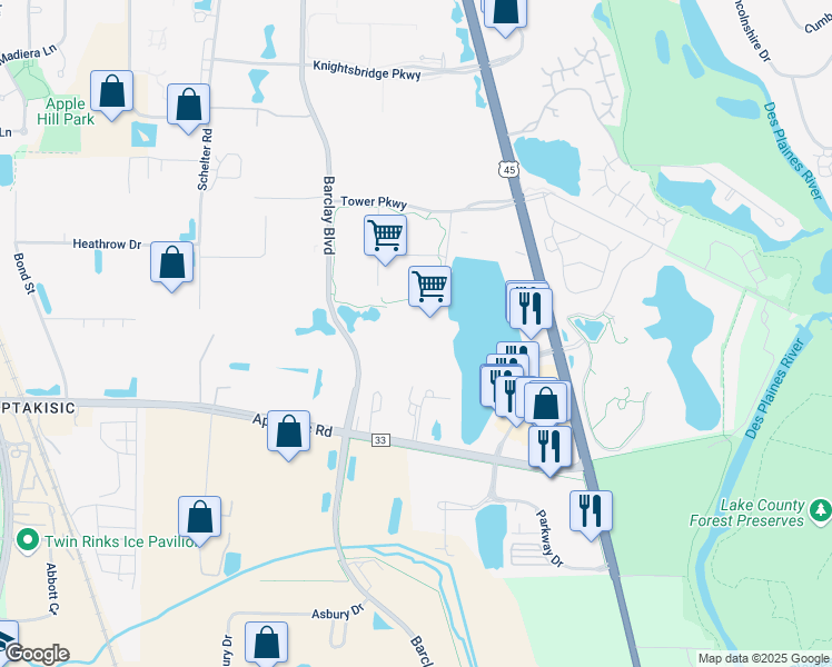 map of restaurants, bars, coffee shops, grocery stores, and more near 1 Overlook Point in Lincolnshire