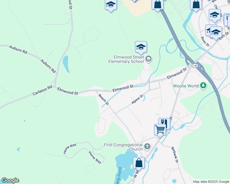 map of restaurants, bars, coffee shops, grocery stores, and more near 71 Elmwood Street in Millbury