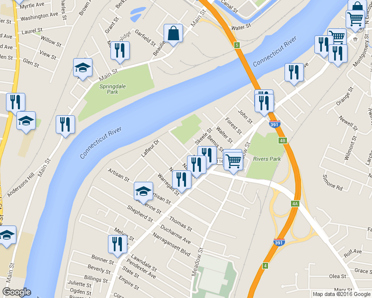 map of restaurants, bars, coffee shops, grocery stores, and more near 71 Ferry Street in Chicopee