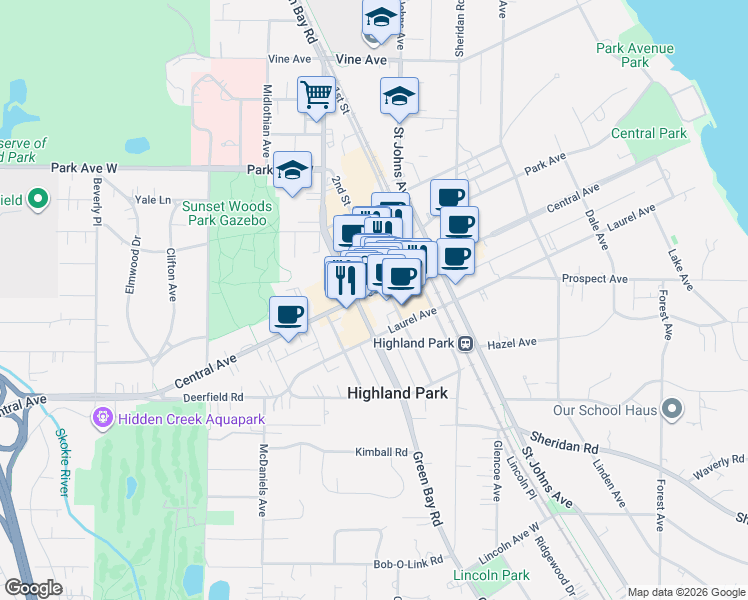map of restaurants, bars, coffee shops, grocery stores, and more near 1774 2nd Street in Highland Park