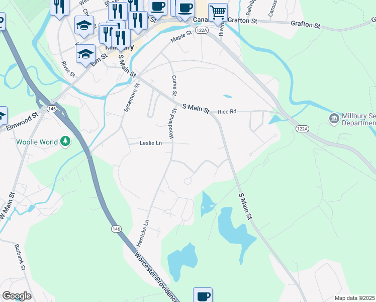 map of restaurants, bars, coffee shops, grocery stores, and more near 12 Forest Drive in Millbury