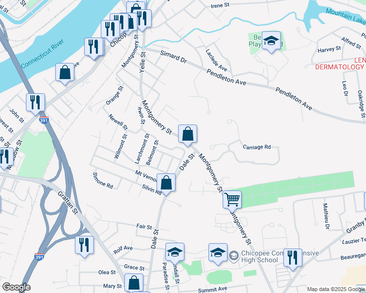 map of restaurants, bars, coffee shops, grocery stores, and more near 12 Arlmont Street in Chicopee