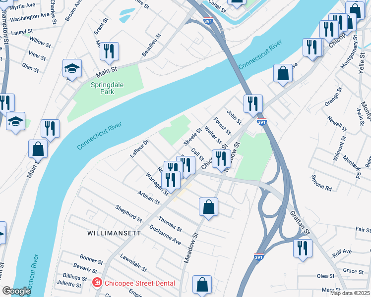 map of restaurants, bars, coffee shops, grocery stores, and more near 35 Call Street in Chicopee