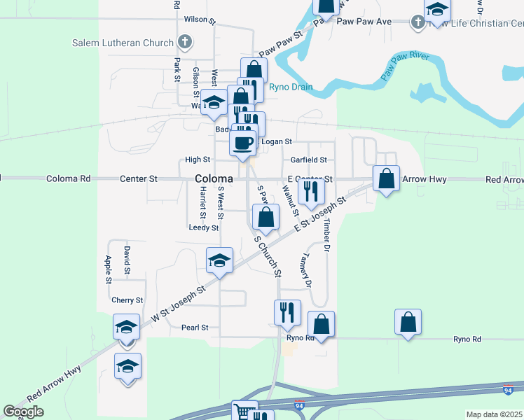 map of restaurants, bars, coffee shops, grocery stores, and more near 216 South Paw Paw Street in Coloma
