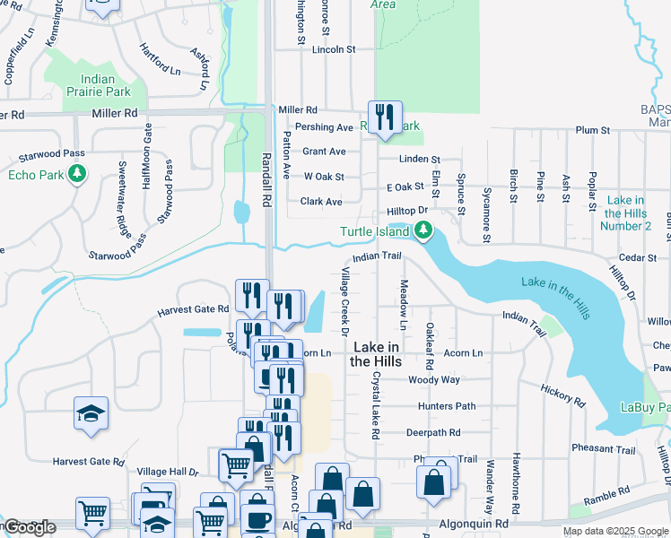 map of restaurants, bars, coffee shops, grocery stores, and more near 467 Village Creek Drive in Lake in the Hills