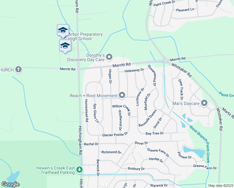map of restaurants, bars, coffee shops, grocery stores, and more near 7198 Mission Hills Drive in Ypsilanti