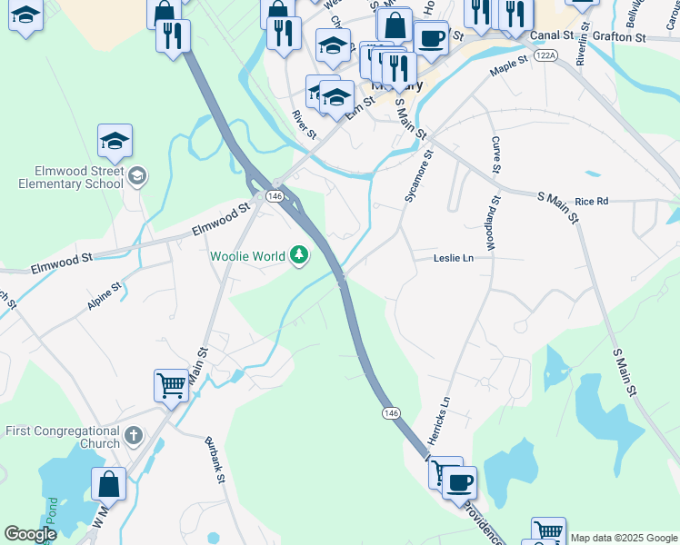 map of restaurants, bars, coffee shops, grocery stores, and more near Sycamore Street in Millbury