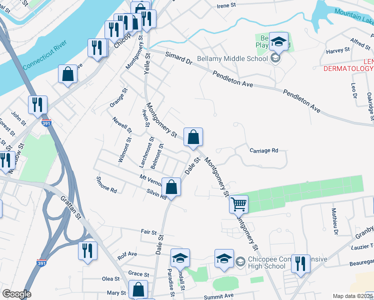 map of restaurants, bars, coffee shops, grocery stores, and more near 12 Arlmont Street in Chicopee