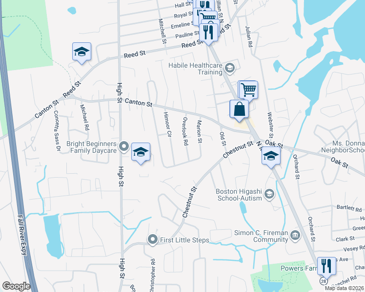 map of restaurants, bars, coffee shops, grocery stores, and more near 26 Overlook Road in Randolph