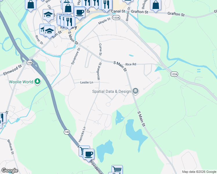 map of restaurants, bars, coffee shops, grocery stores, and more near 12 Forest Drive in Millbury
