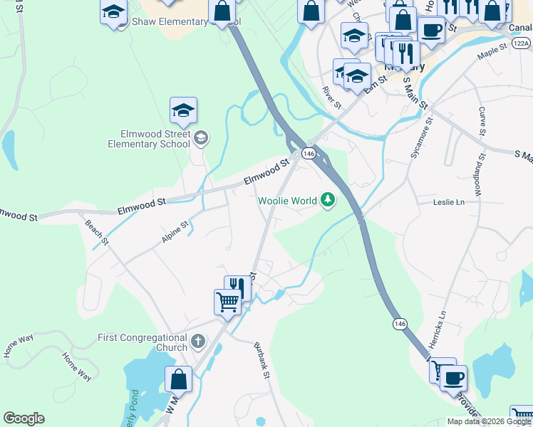 map of restaurants, bars, coffee shops, grocery stores, and more near 1 Gould Street in Millbury