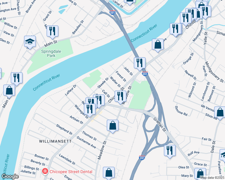 map of restaurants, bars, coffee shops, grocery stores, and more near 19 Bemis Street in Chicopee