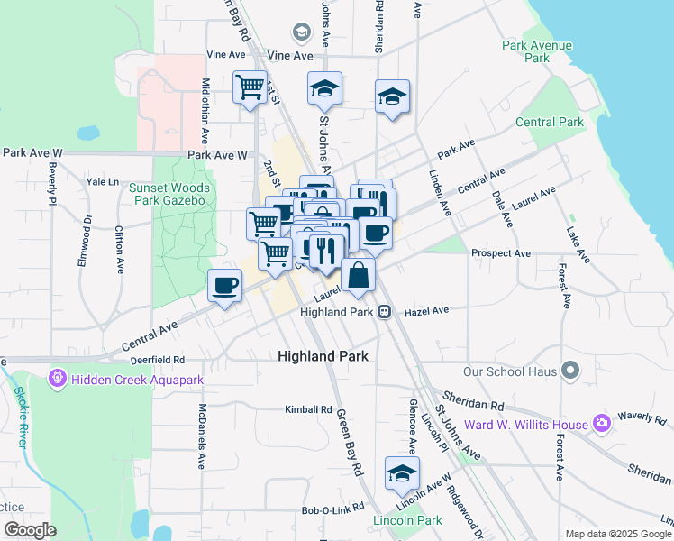 map of restaurants, bars, coffee shops, grocery stores, and more near 1770 1st Street in Highland Park