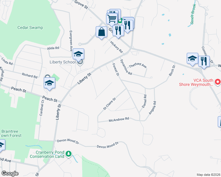 map of restaurants, bars, coffee shops, grocery stores, and more near 59 Geraldine Lane in Braintree