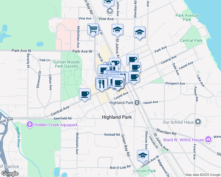 map of restaurants, bars, coffee shops, grocery stores, and more near 650 Central Avenue in Highland Park