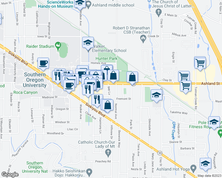 map of restaurants, bars, coffee shops, grocery stores, and more near 562 Ray Lane in Ashland