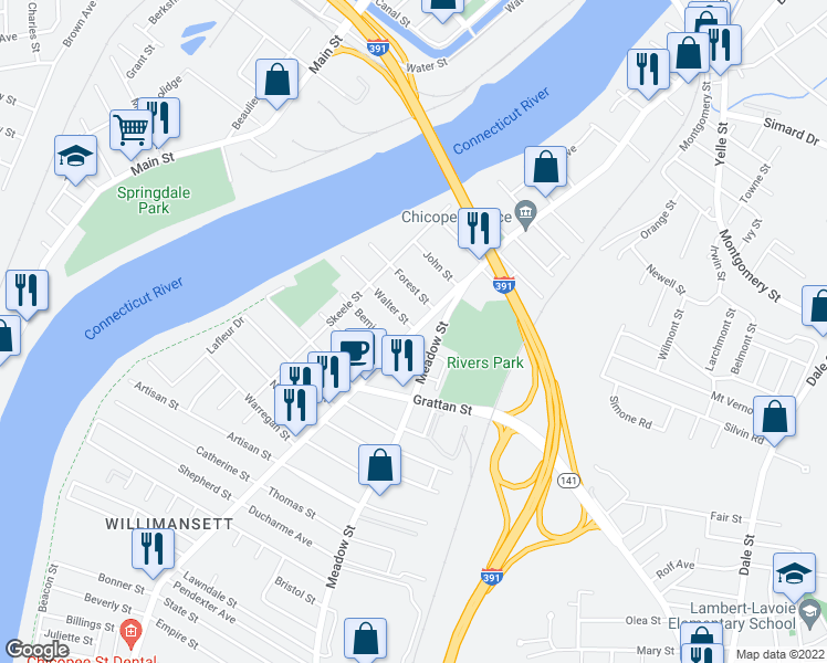 map of restaurants, bars, coffee shops, grocery stores, and more near 642 Chicopee St in Chicopee