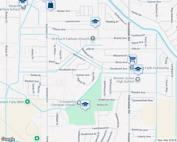 map of restaurants, bars, coffee shops, grocery stores, and more near 4835 Sumac Avenue in Klamath Falls