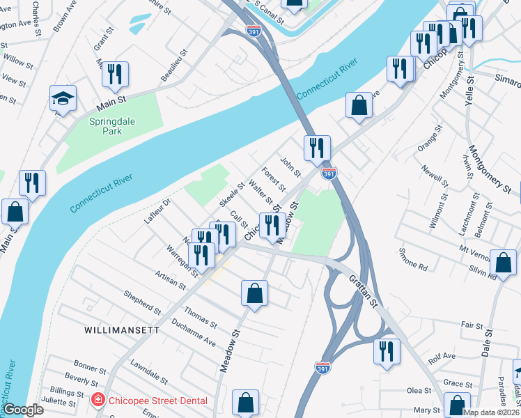 map of restaurants, bars, coffee shops, grocery stores, and more near 19 Bemis Street in Chicopee