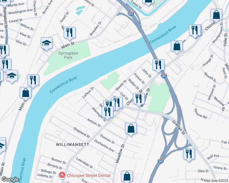 map of restaurants, bars, coffee shops, grocery stores, and more near 71 Ferry Street in Chicopee