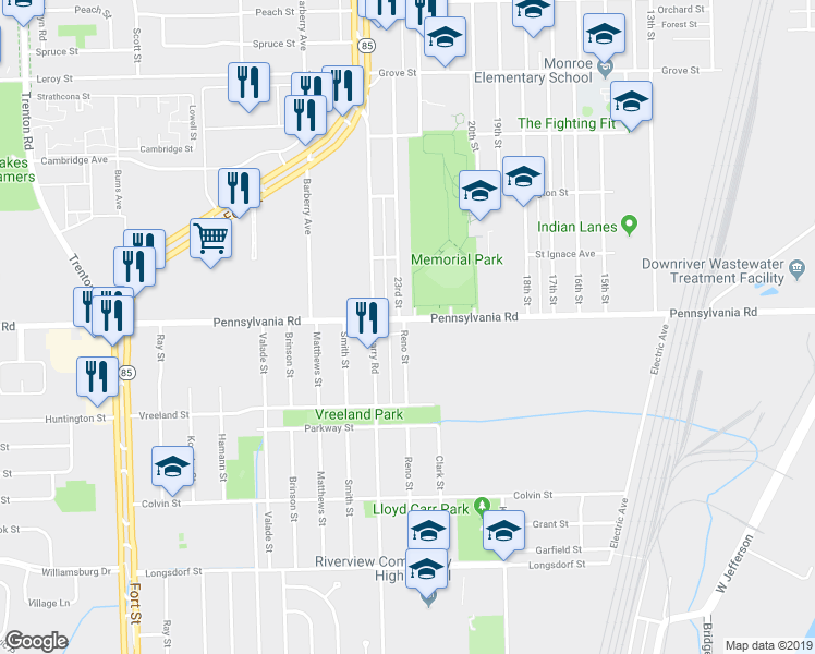 map of restaurants, bars, coffee shops, grocery stores, and more near 17029 Reno Street in Riverview
