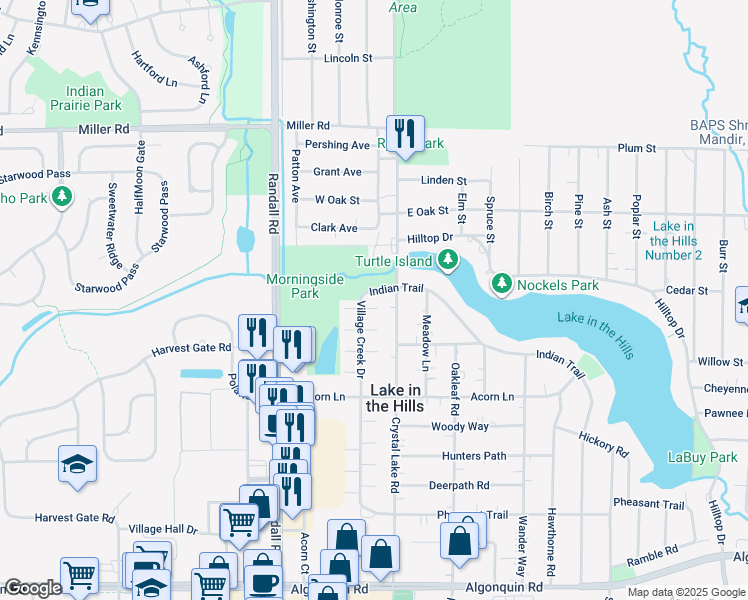 map of restaurants, bars, coffee shops, grocery stores, and more near 467 Village Creek Drive in Lake in the Hills