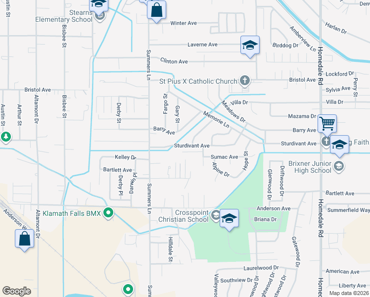 map of restaurants, bars, coffee shops, grocery stores, and more near 4432 Sturdivant Avenue in Klamath Falls
