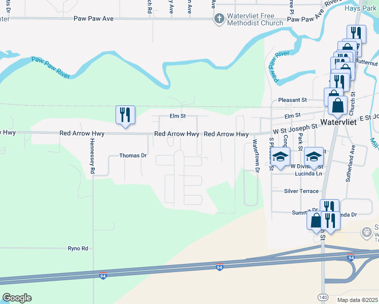 map of restaurants, bars, coffee shops, grocery stores, and more near 7604 Red Arrow Highway in Watervliet