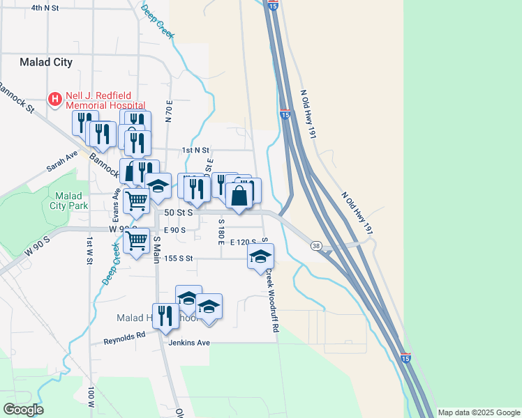 map of restaurants, bars, coffee shops, grocery stores, and more near 5 South Cherry Creek Woodruff Road in Malad City