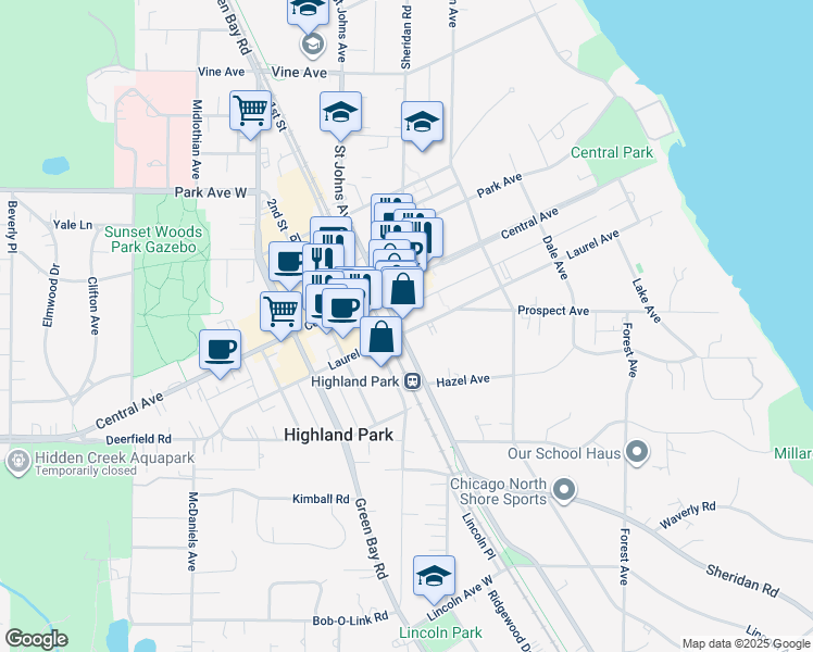 map of restaurants, bars, coffee shops, grocery stores, and more near 596 Laurel Avenue in Highland Park