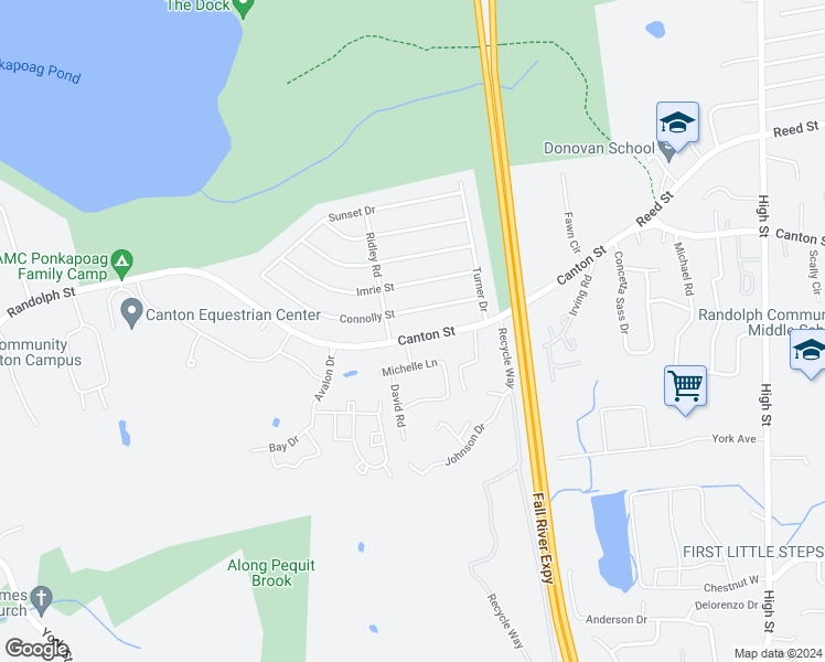 map of restaurants, bars, coffee shops, grocery stores, and more near 291 Canton Street in Randolph