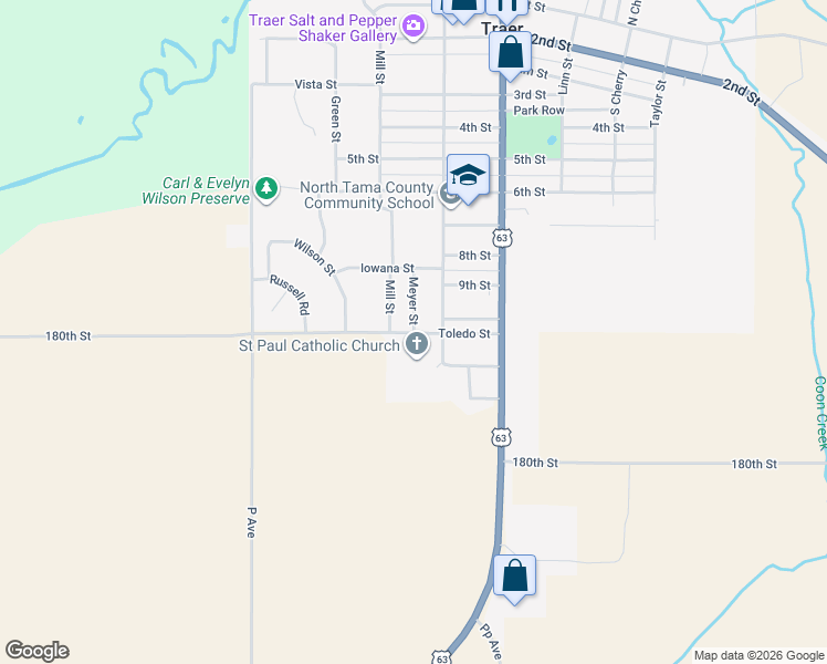 map of restaurants, bars, coffee shops, grocery stores, and more near 998 Meyer St in Traer