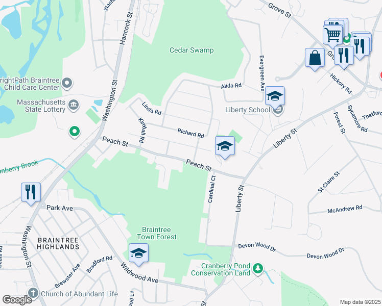 map of restaurants, bars, coffee shops, grocery stores, and more near 166 Peach Street in Braintree
