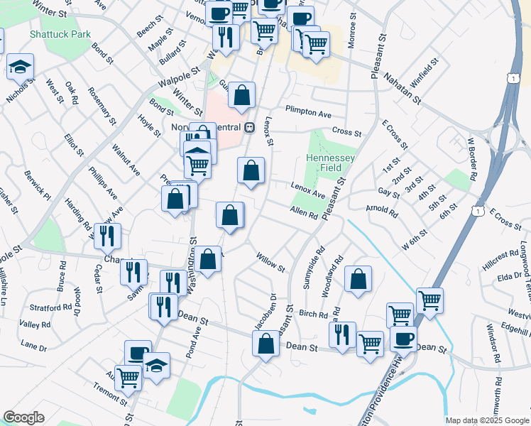 map of restaurants, bars, coffee shops, grocery stores, and more near 7 Hillside Avenue in Norwood