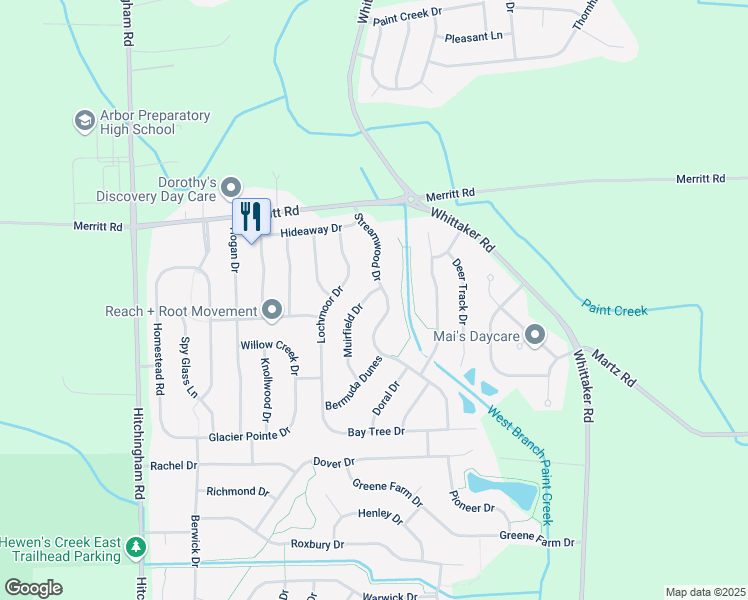 map of restaurants, bars, coffee shops, grocery stores, and more near 7276 Streamwood Drive in Ypsilanti