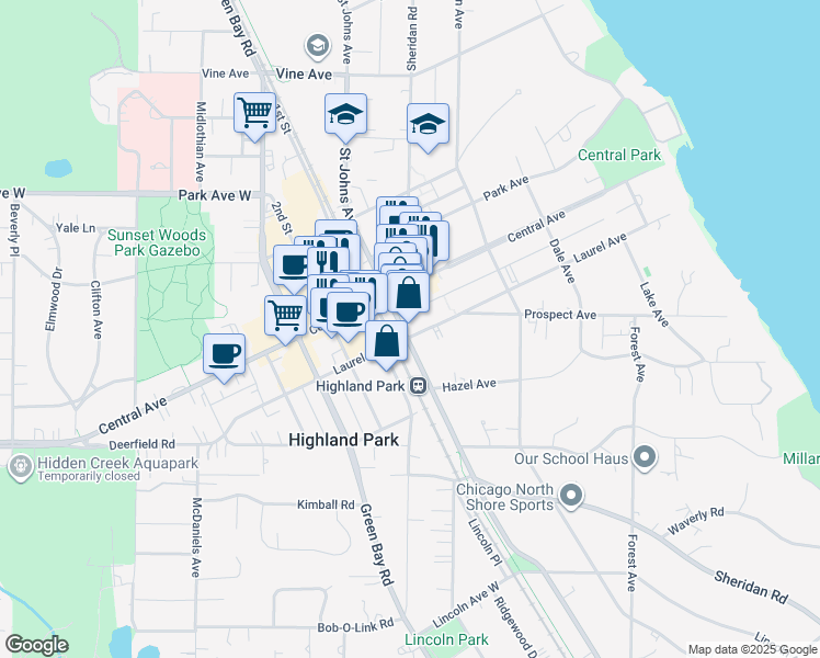 map of restaurants, bars, coffee shops, grocery stores, and more near 500-596 Laurel Avenue in Highland Park