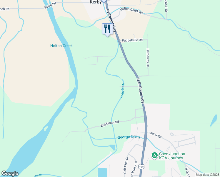 map of restaurants, bars, coffee shops, grocery stores, and more near 24992 Redwood Highway in Kerby