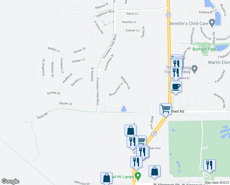 map of restaurants, bars, coffee shops, grocery stores, and more near 11981 Brunschon Lane in Huntley