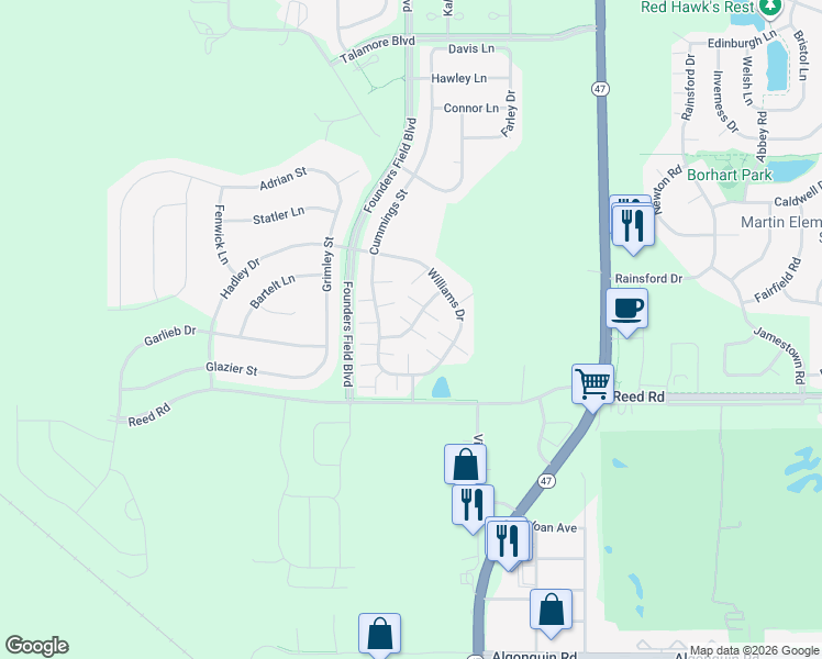 map of restaurants, bars, coffee shops, grocery stores, and more near 11981 Brunschon Lane in Huntley